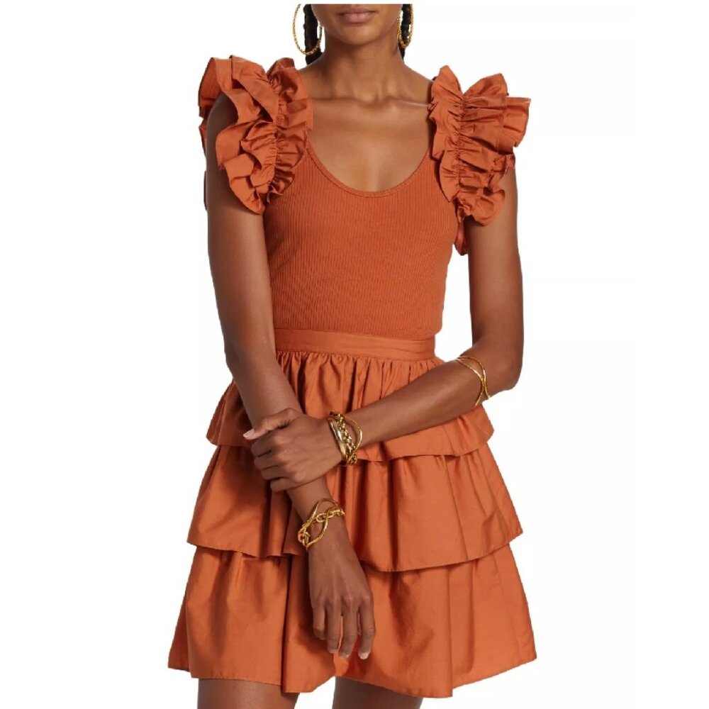 NEW ULLA JOHNSON Hanna Tiered Ruffle Mini Dress in Burnt Orange Size 10 #2319